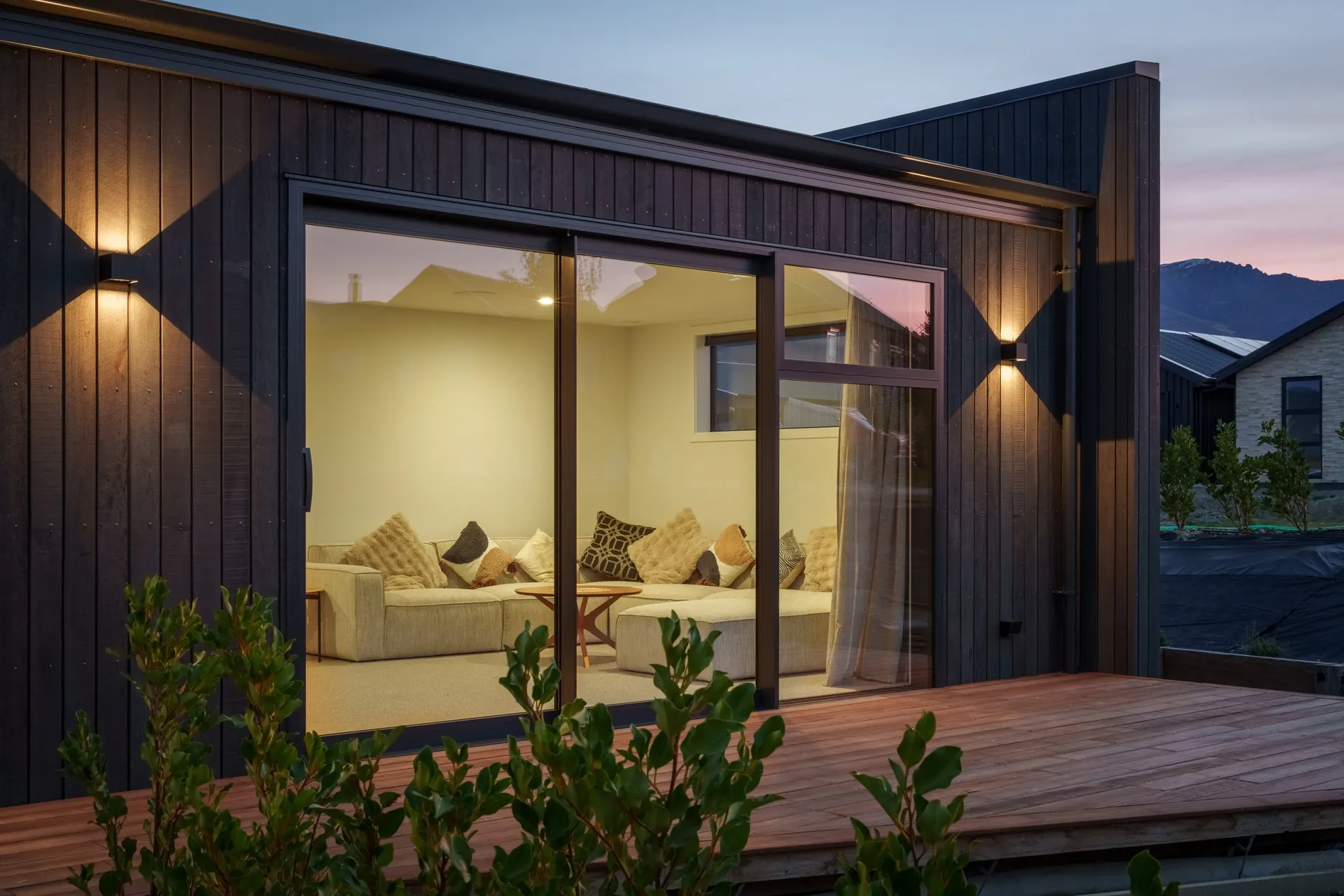 Exterior material palette at dusk