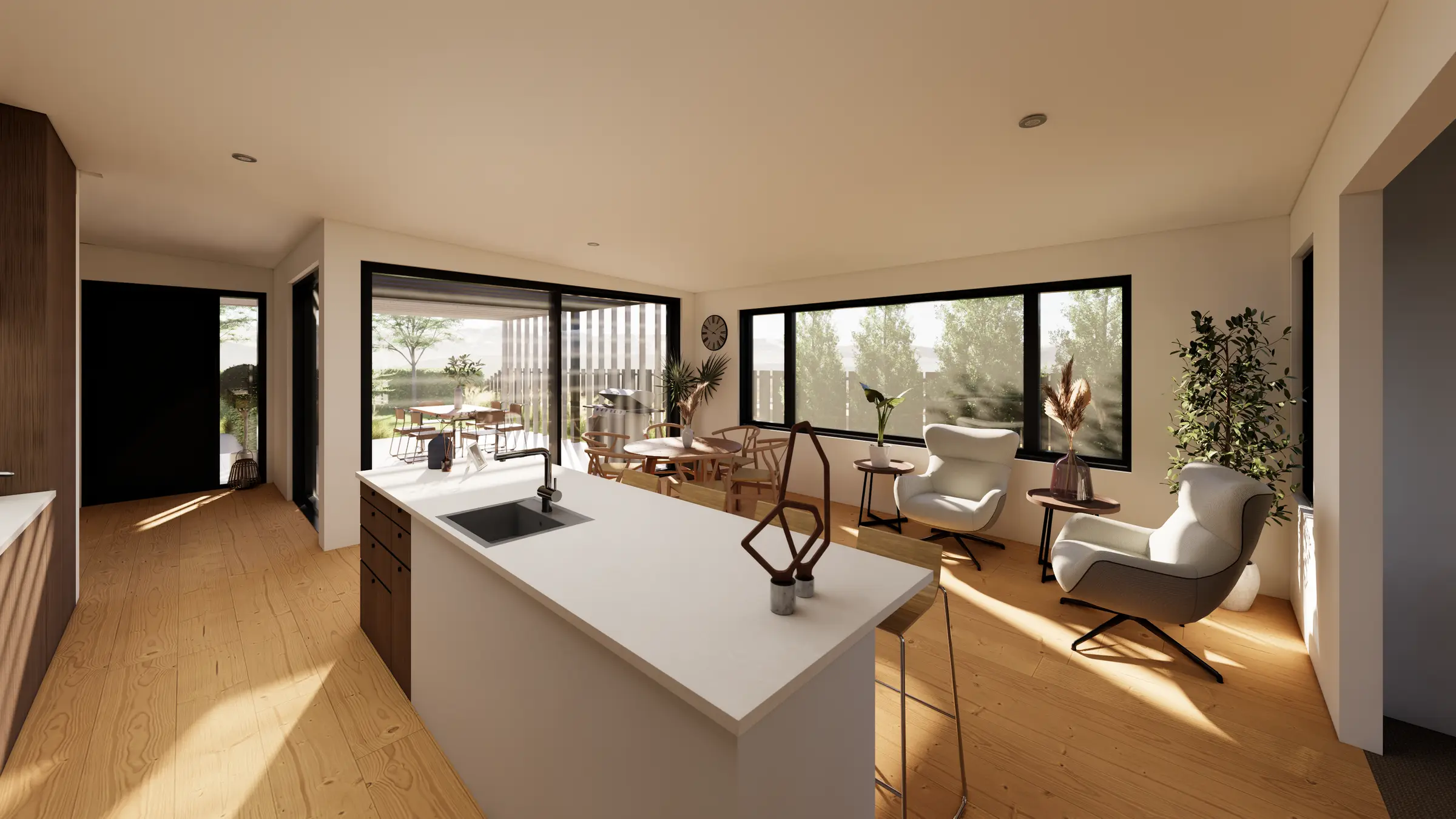 Architectural render of the show home open-plan lounge and kitchen