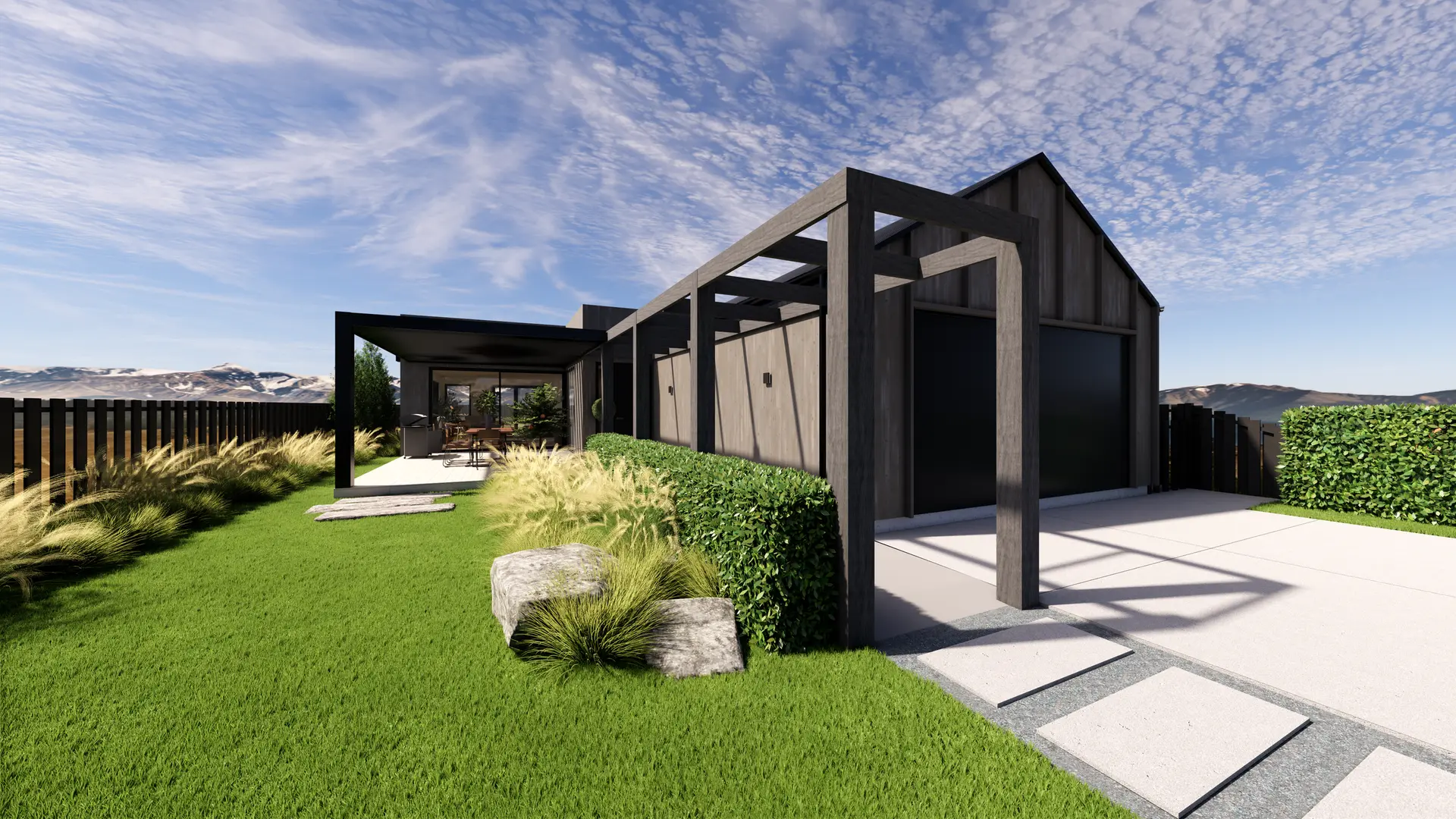 Architectural render of the Wānaka show home exterior pergola and outdoor living zone
